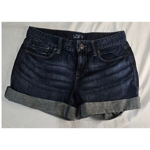 Ann Taylor LOFT Womens Dark Wash Cuffed Denim Shorts Size 26 2 Stretch Mid Rise